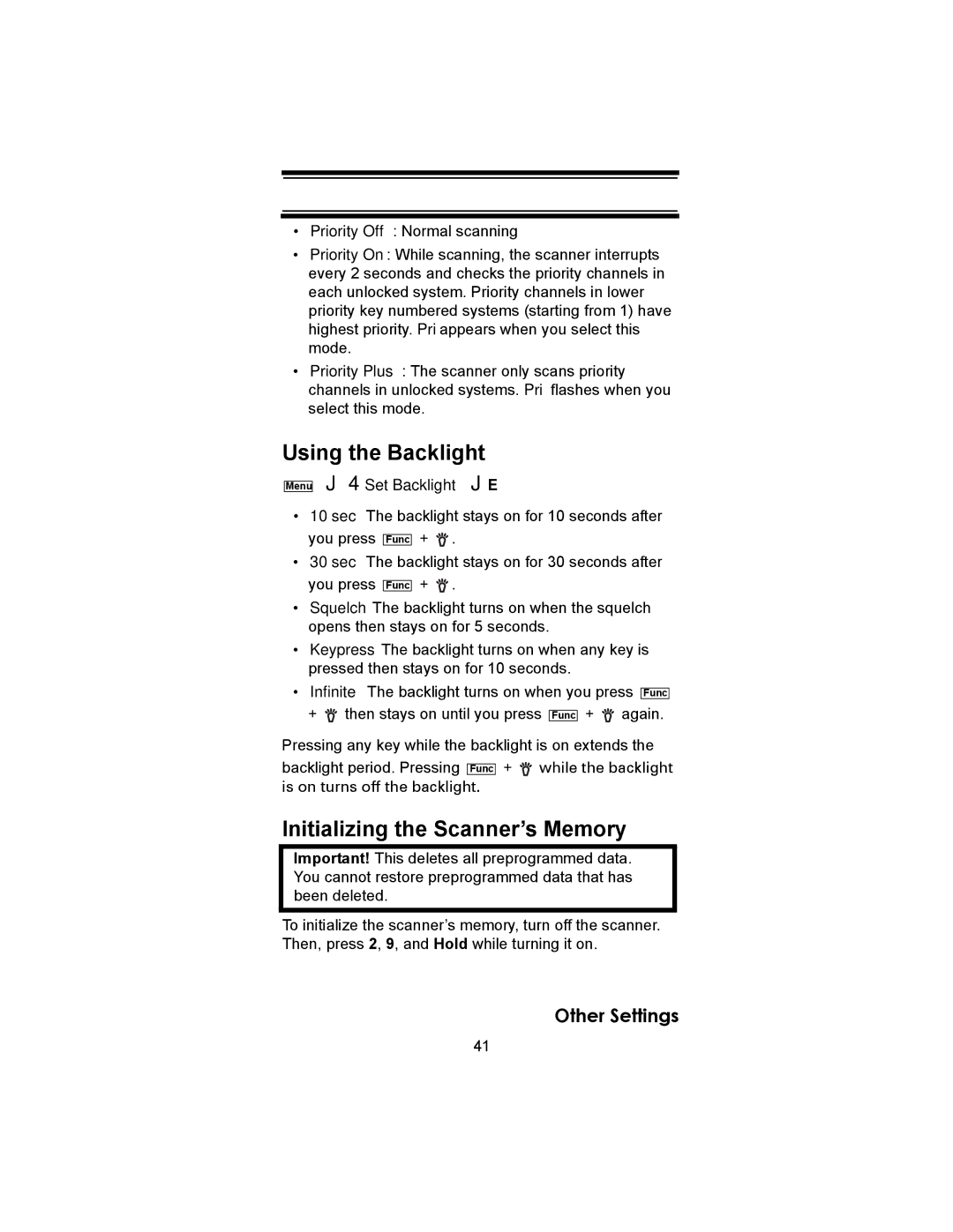 Uniden SC230 owner manual Using the Backlight, Initializing the Scanner’s Memory 