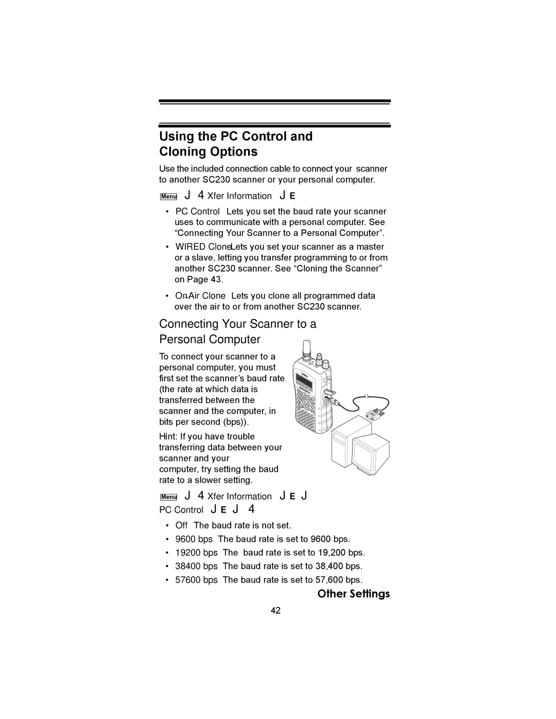 Uniden SC230 Using the PC Control Cloning Options, Connecting Your Scanner to a Personal Computer, Xfer Information 