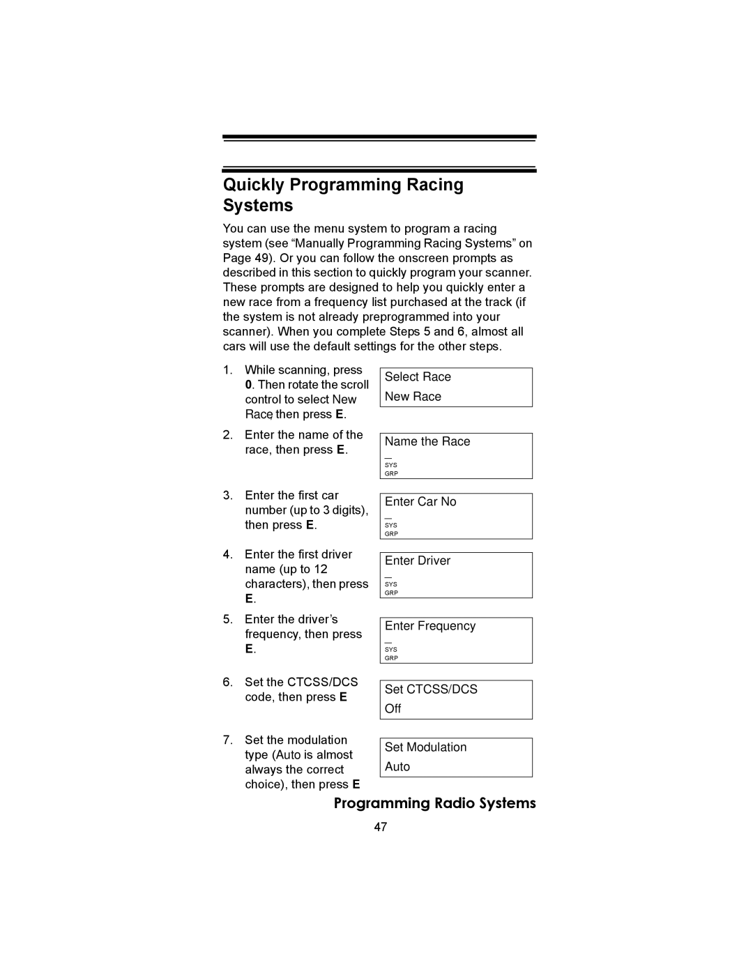 Uniden SC230 owner manual Quickly Programming Racing Systems 