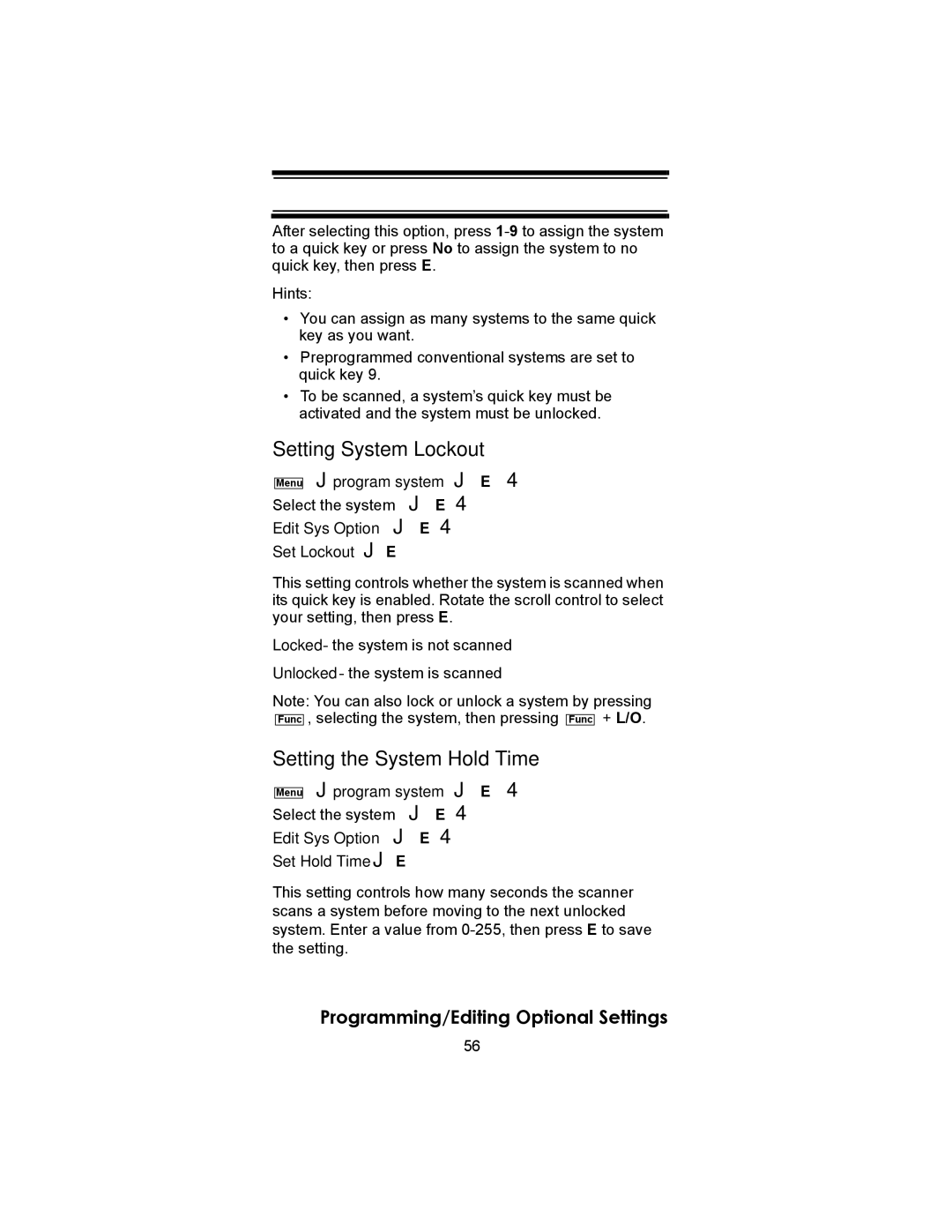 Uniden SC230 owner manual Setting System Lockout, Setting the System Hold Time 