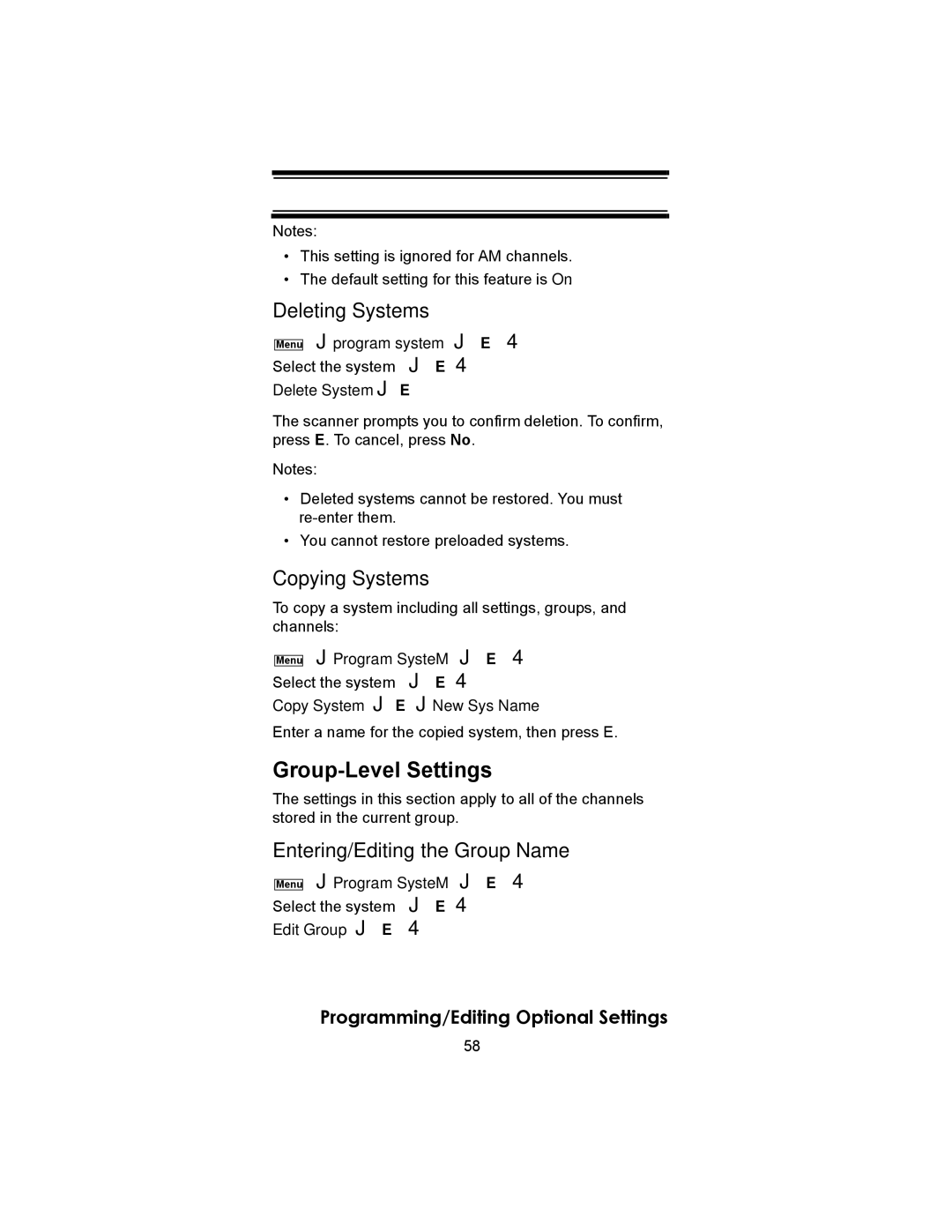 Uniden SC230 owner manual Group-Level Settings, Deleting Systems, Copying Systems, Entering/Editing the Group Name 