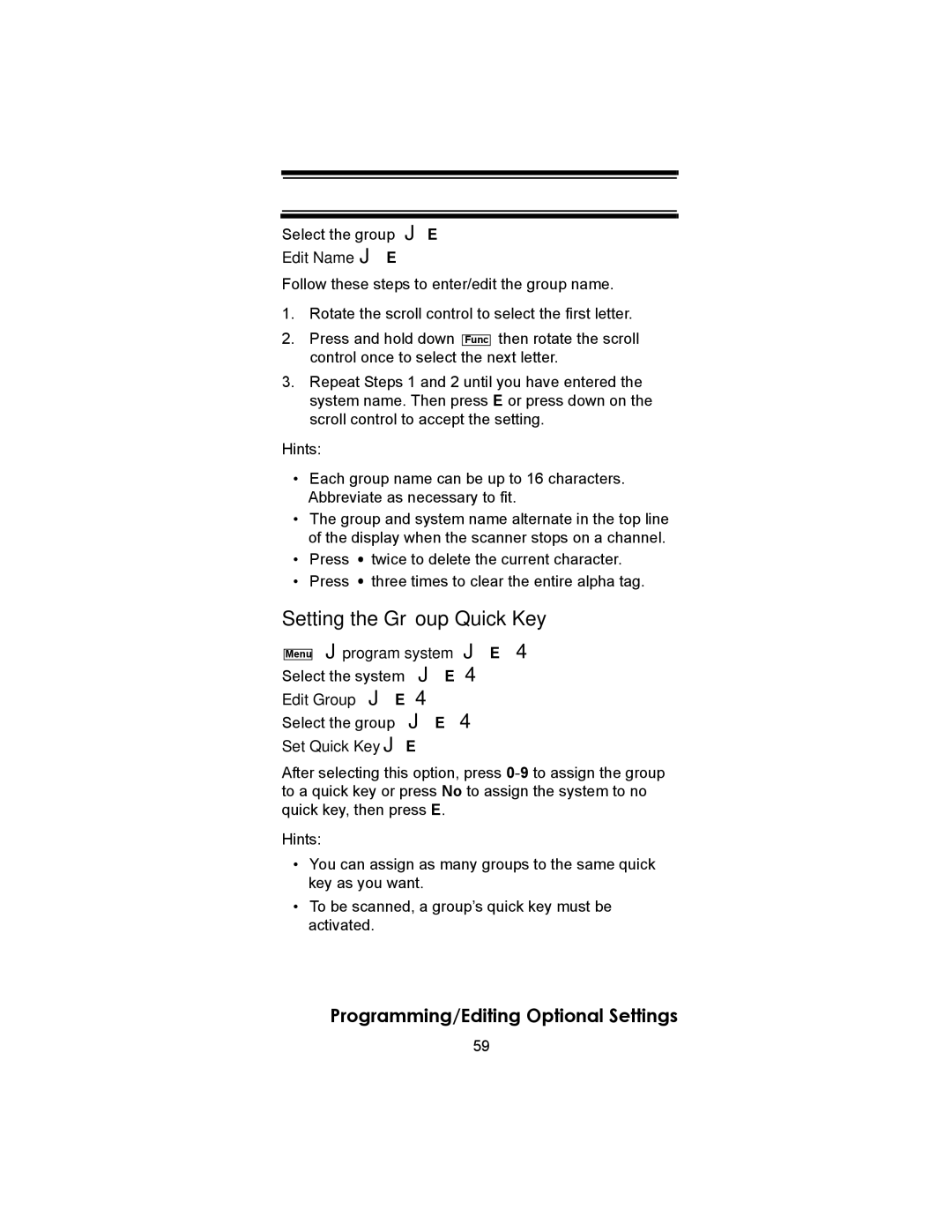 Uniden SC230 owner manual Setting the Group Quick Key 