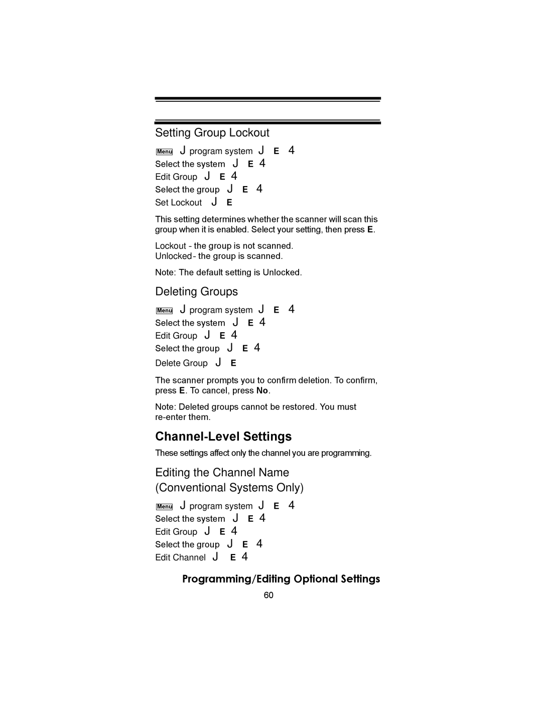 Uniden SC230 owner manual Channel-Level Settings, Setting Group Lockout, Deleting Groups 