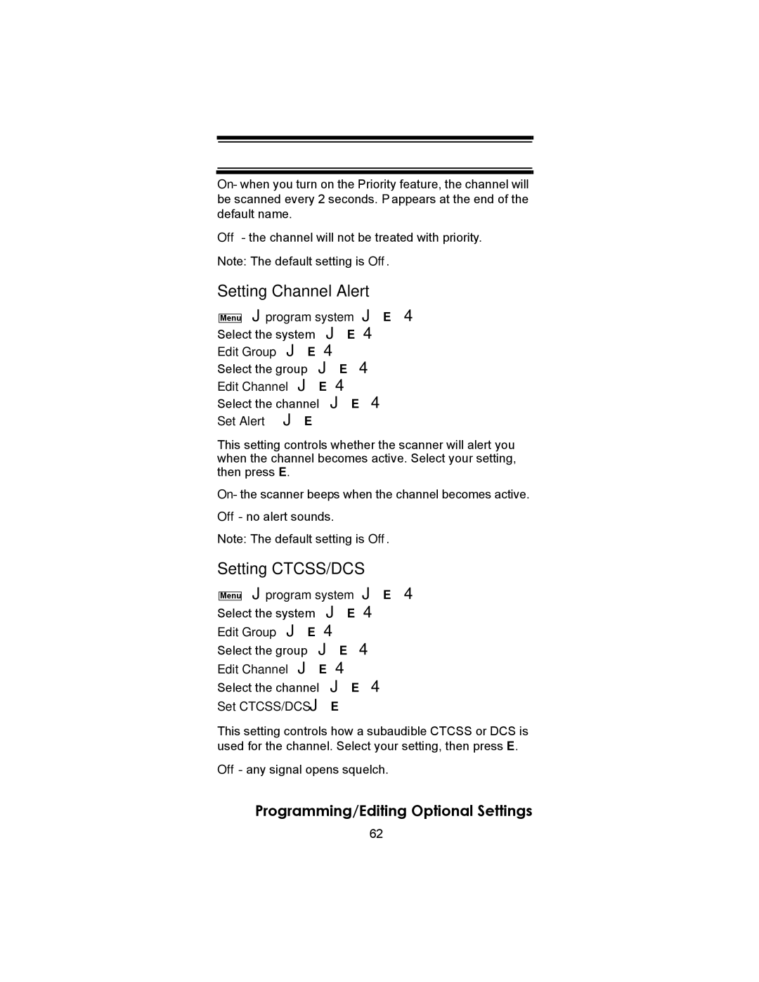 Uniden SC230 owner manual Setting Channel Alert, Setting CTCSS/DCS 