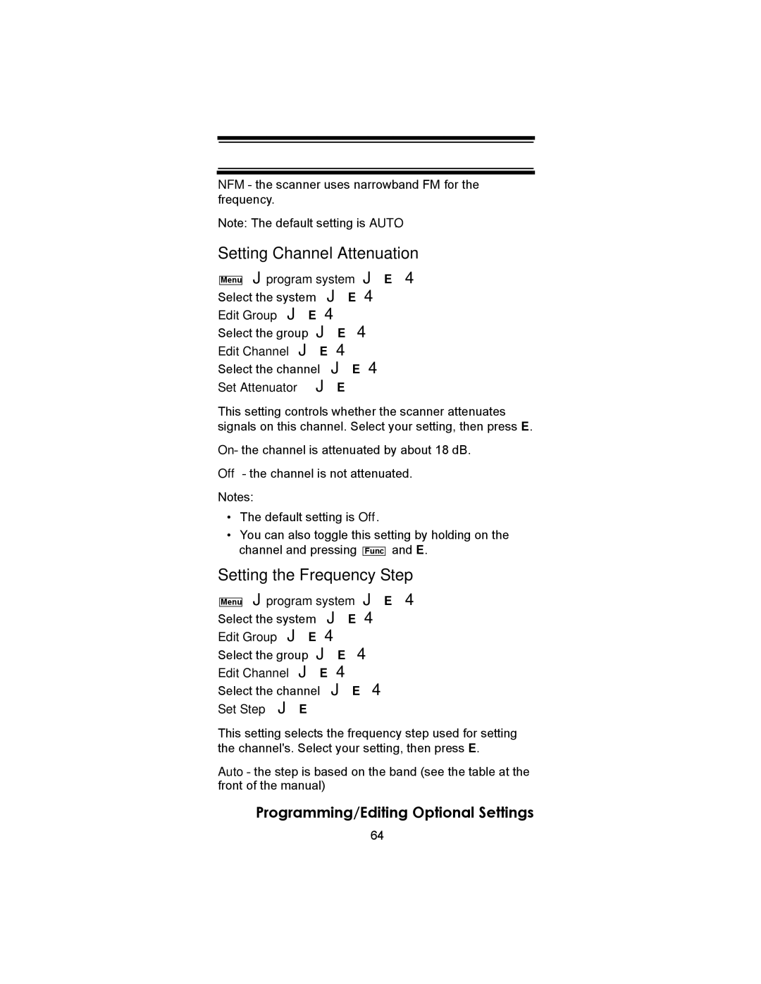 Uniden SC230 owner manual Setting Channel Attenuation, Setting the Frequency Step 