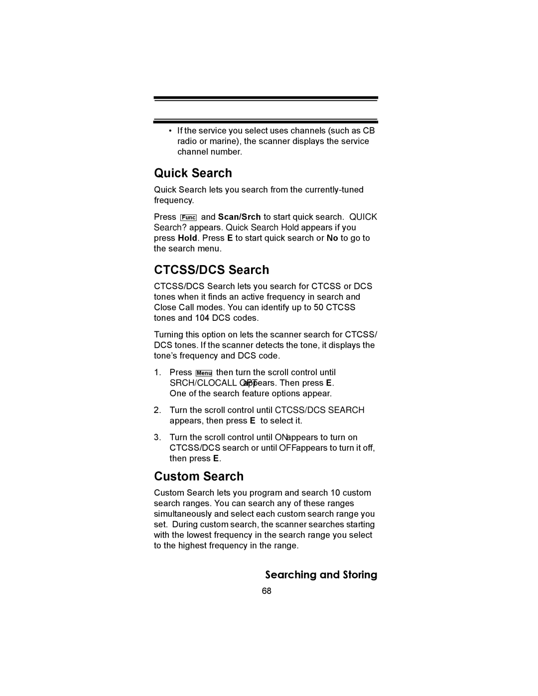 Uniden SC230 owner manual Quick Search, CTCSS/DCS Search, Custom Search 