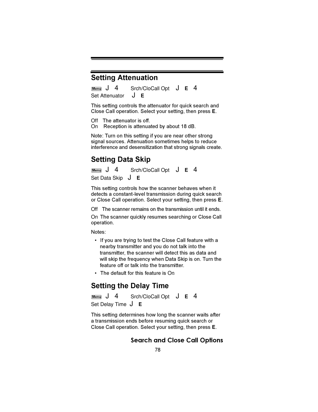 Uniden SC230 owner manual Setting Attenuation, Setting Data Skip, Setting the Delay Time 