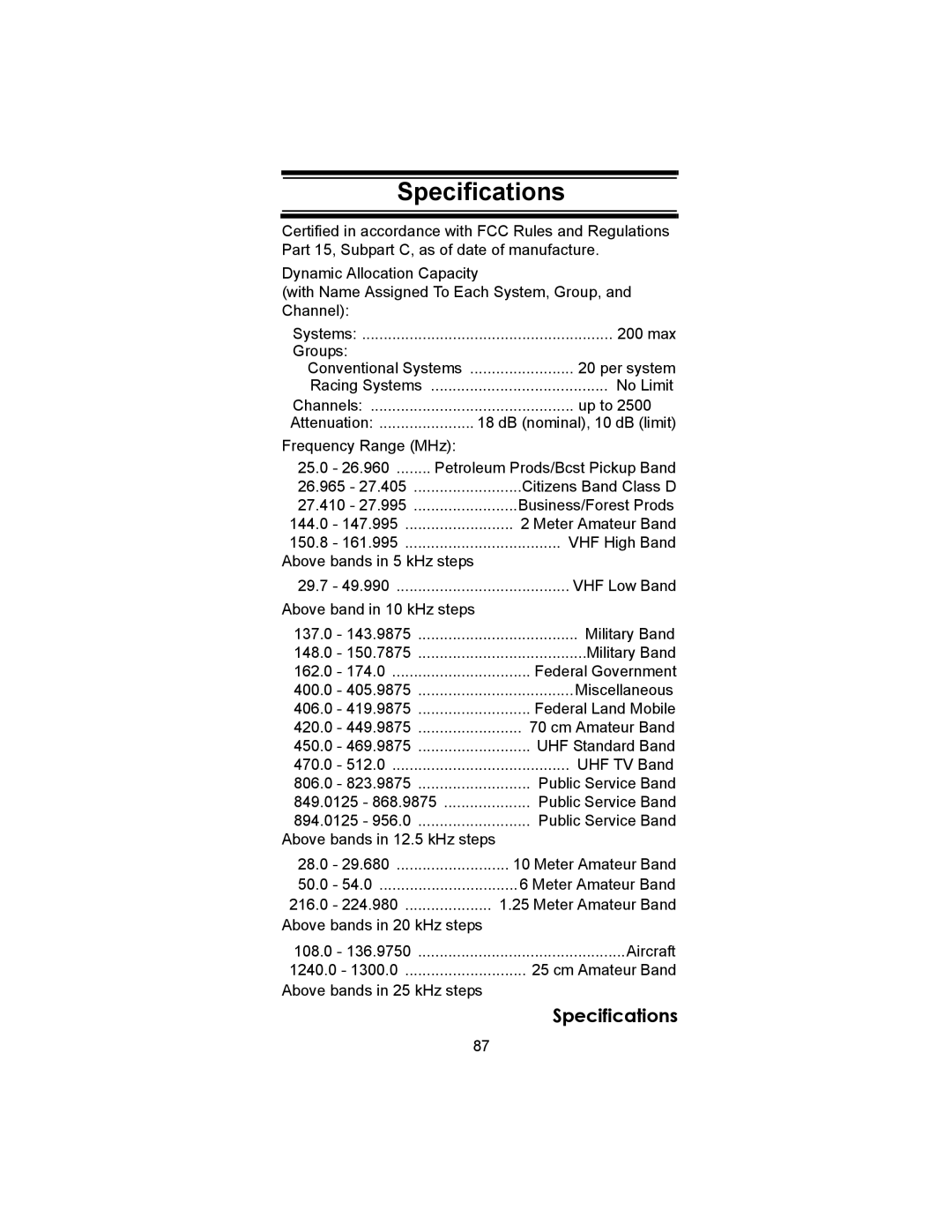 Uniden SC230 owner manual Specifications 