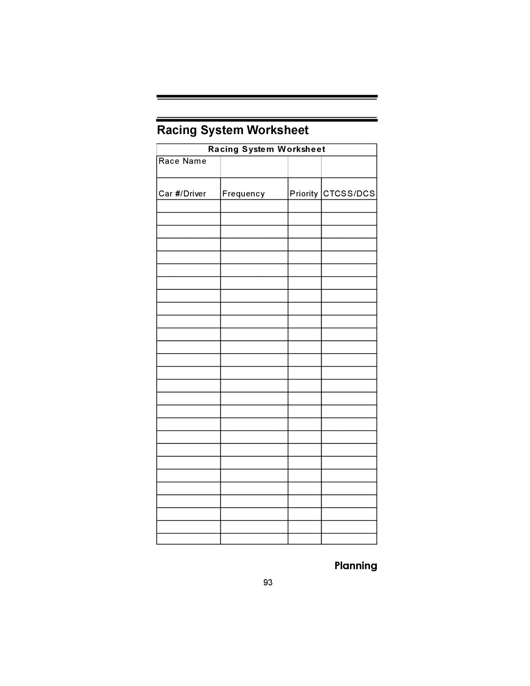 Uniden SC230 owner manual Racing System Worksheet, Racing System W orksheet 