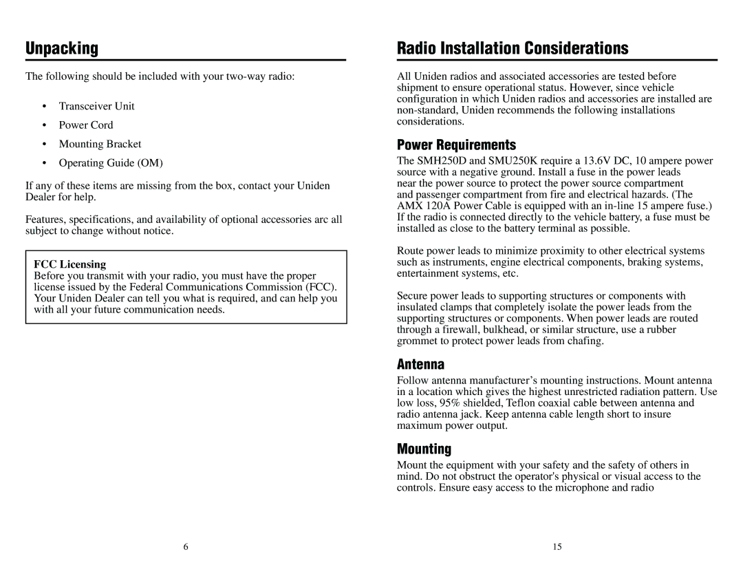Uniden SMU250K, SMH250D manual Unpacking, Radio Installation Considerations, Power Requirements, Antenna, Mounting 
