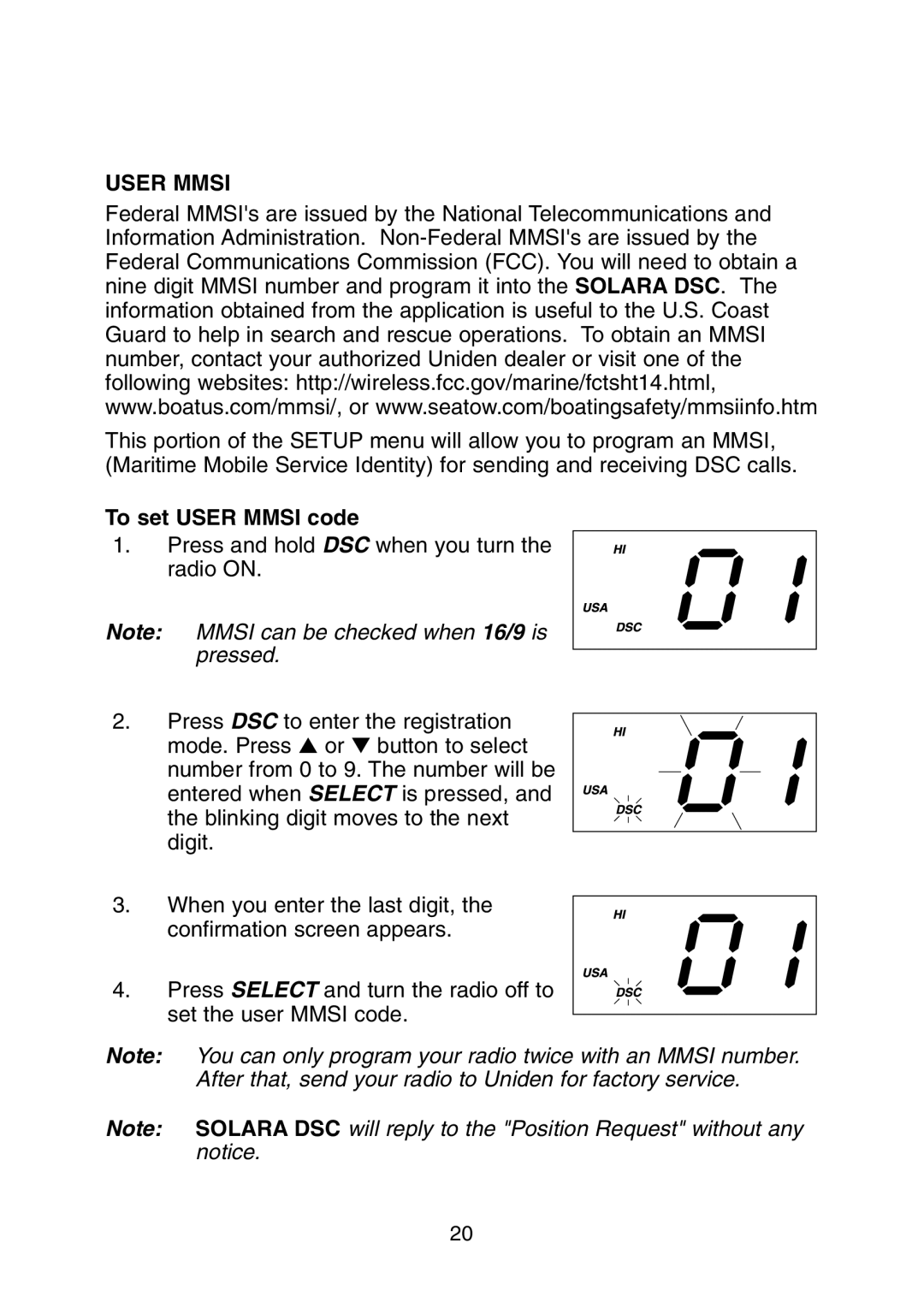 Uniden Solar DSC BK manual To set User Mmsi code 