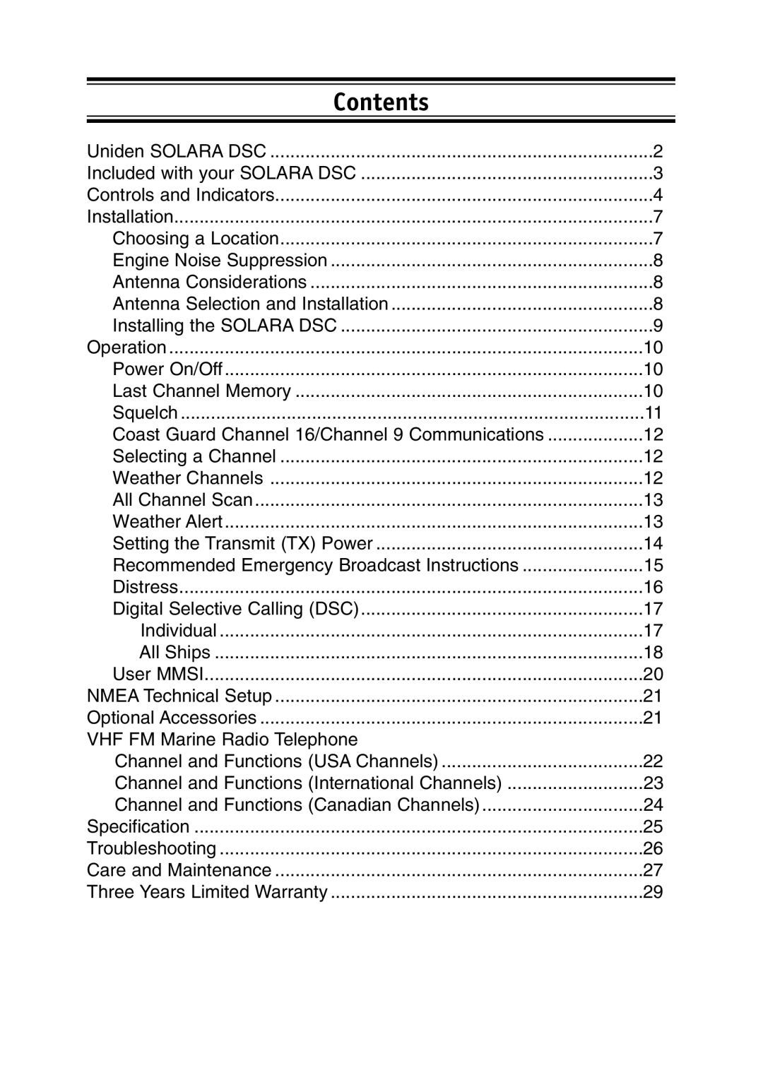 Uniden Solar DSC BK manual Contents 