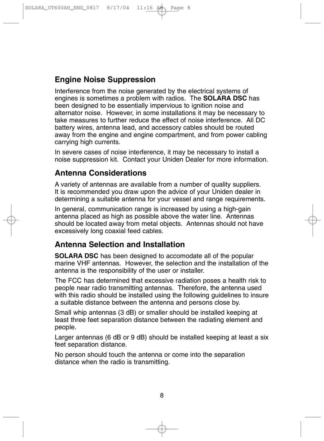 Uniden Solara DSC manual Engine Noise Suppression, Antenna Considerations, Antenna Selection and Installation 