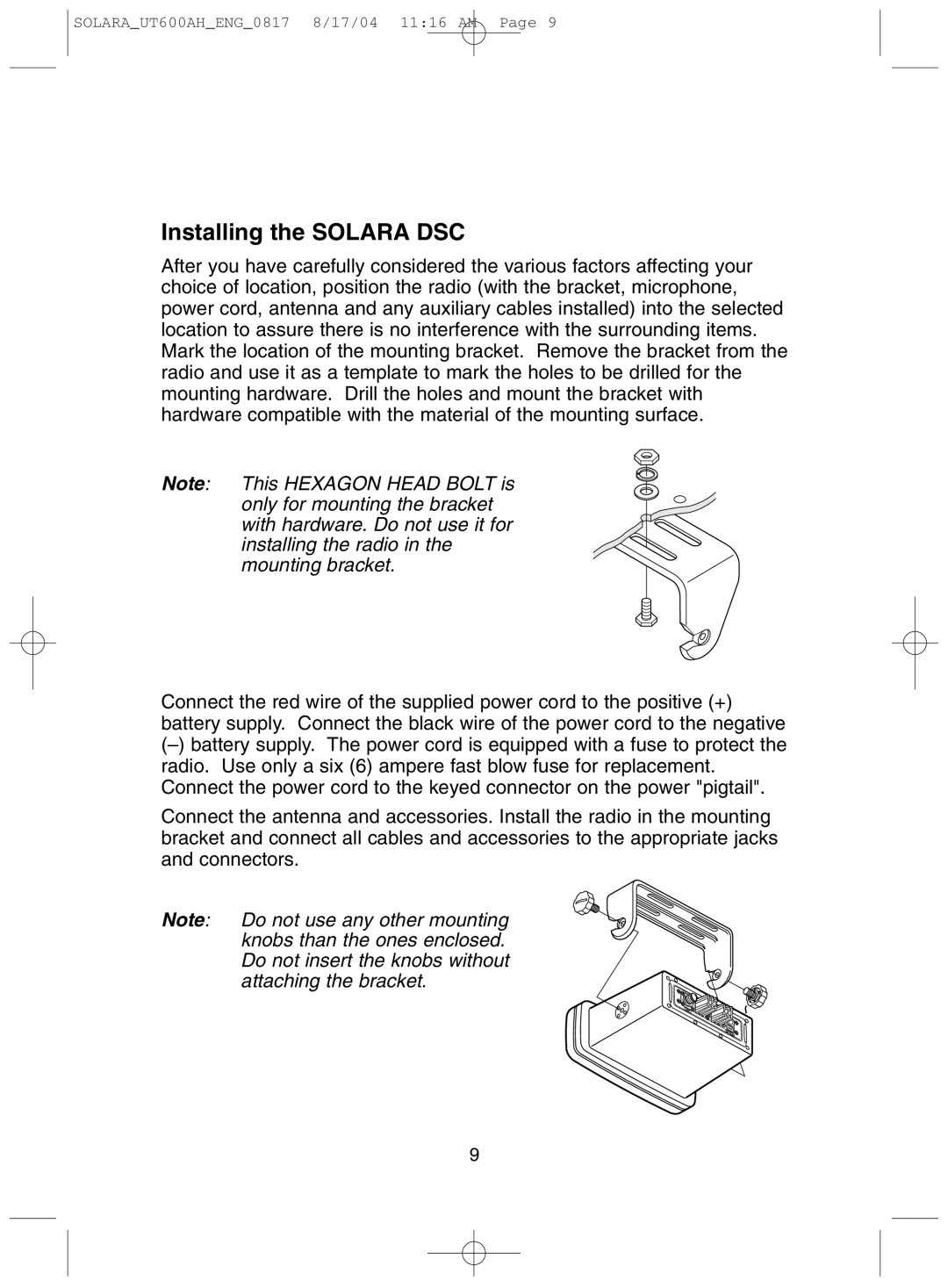 Uniden manual Installing the Solara DSC 