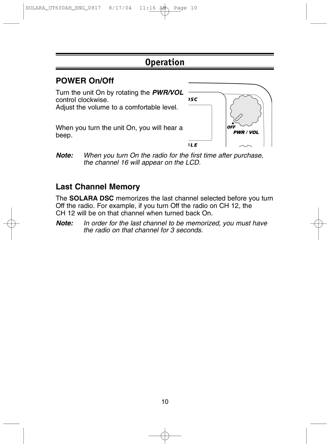 Uniden Solara DSC manual Operation, Power On/Off, Last Channel Memory 