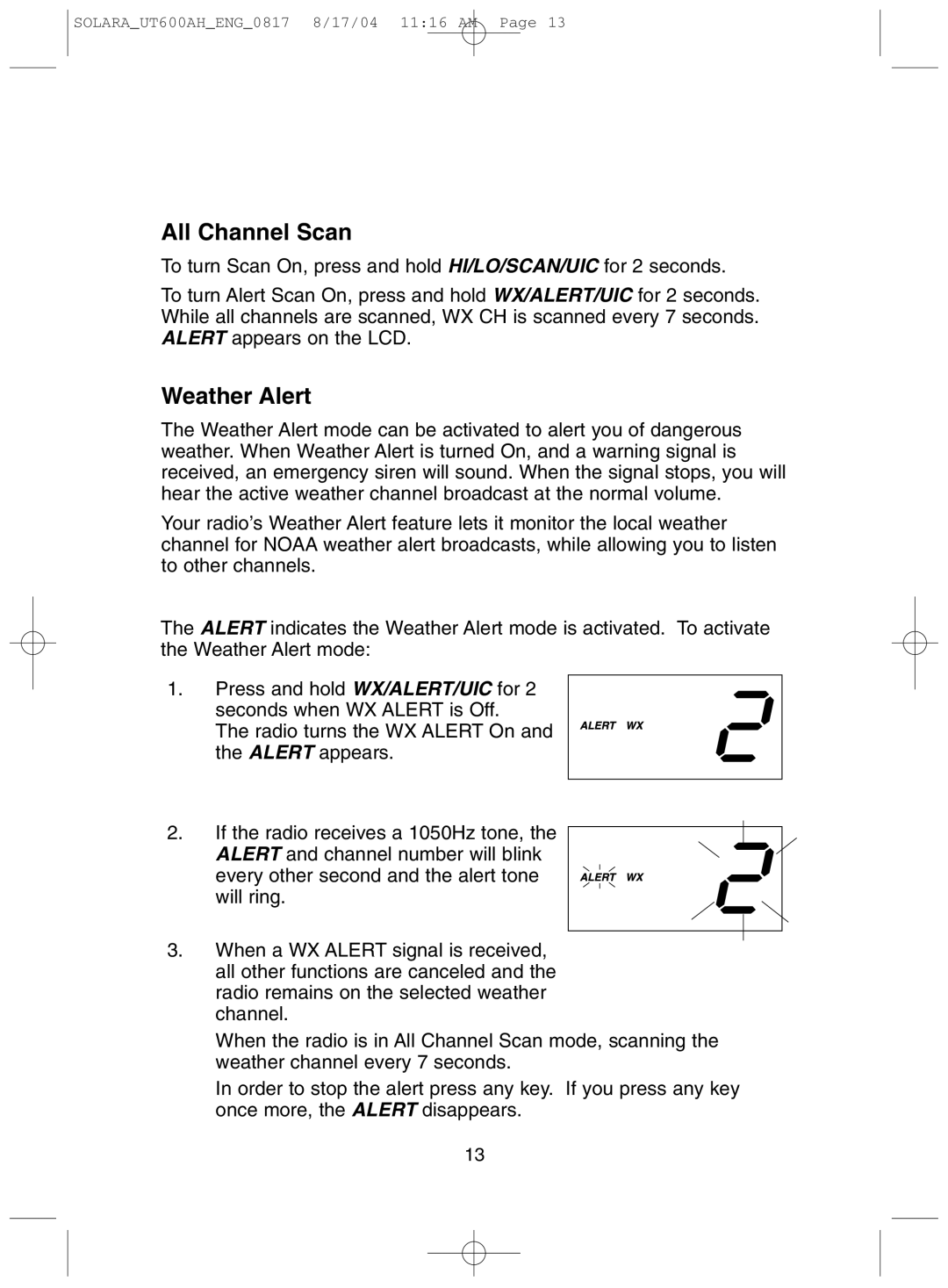 Uniden Solara DSC manual All Channel Scan, Weather Alert 