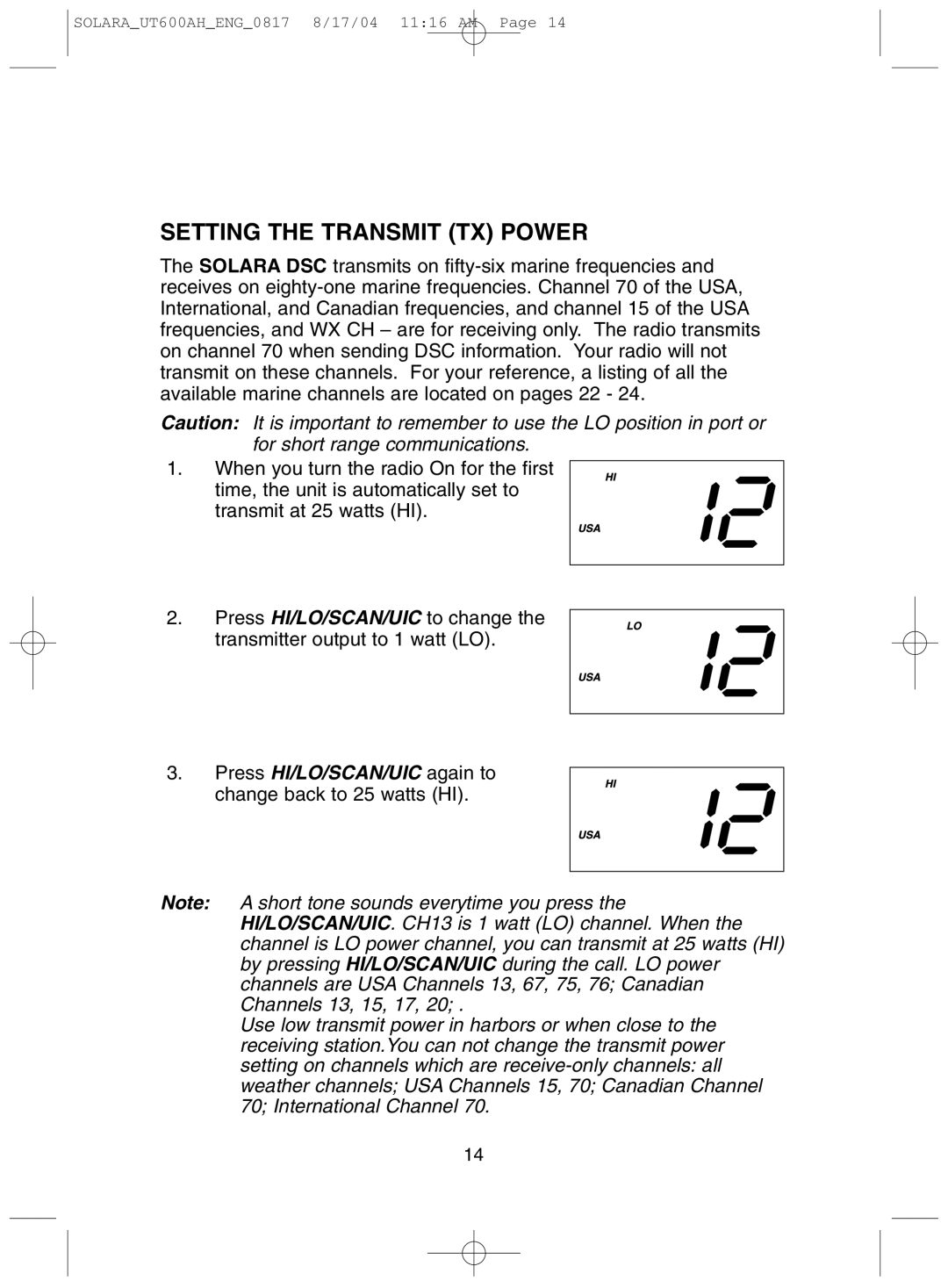 Uniden Solara DSC manual Setting the Transmit TX Power 