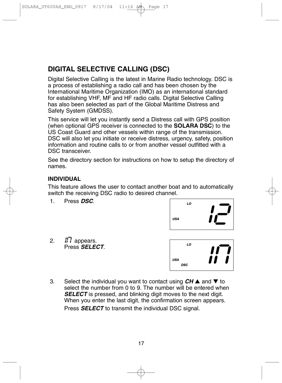 Uniden Solara DSC manual Digital Selective Calling DSC, Individual 