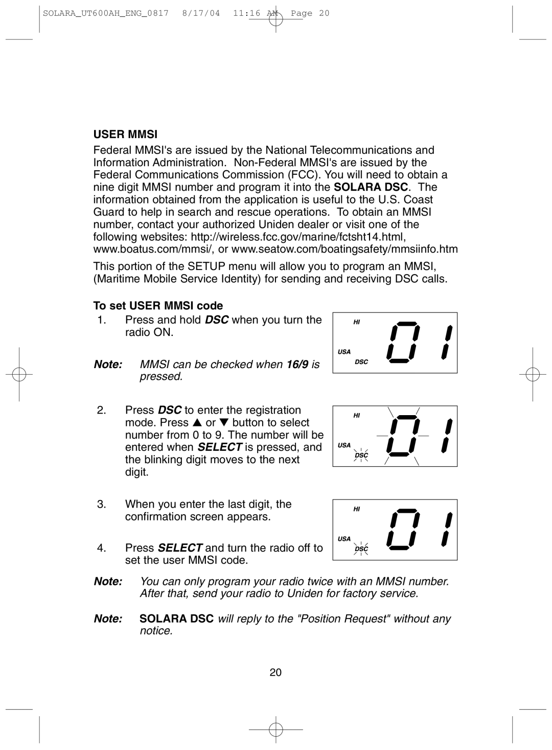 Uniden Solara DSC manual To set User Mmsi code 