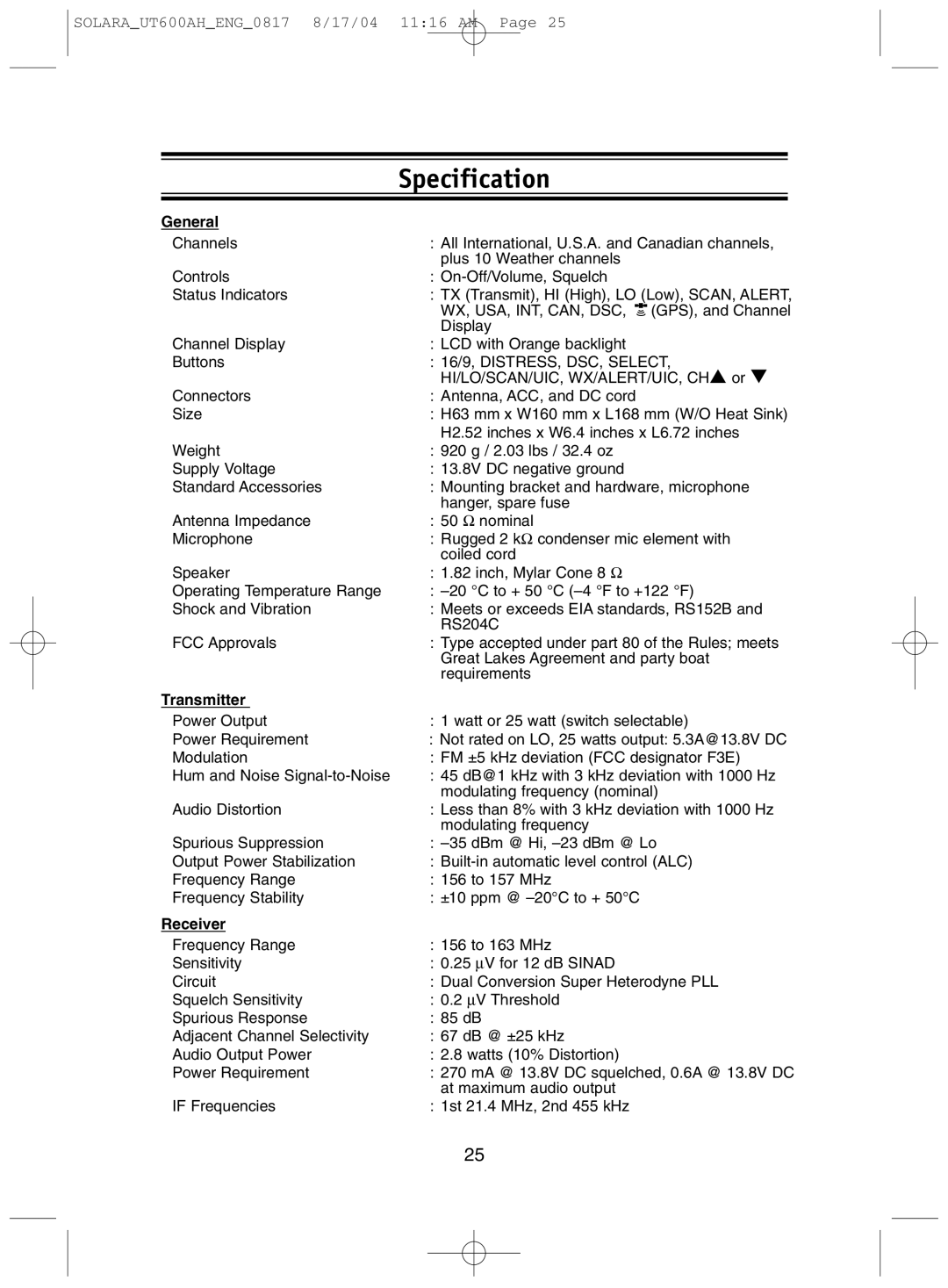 Uniden Solara DSC manual Specification, General 