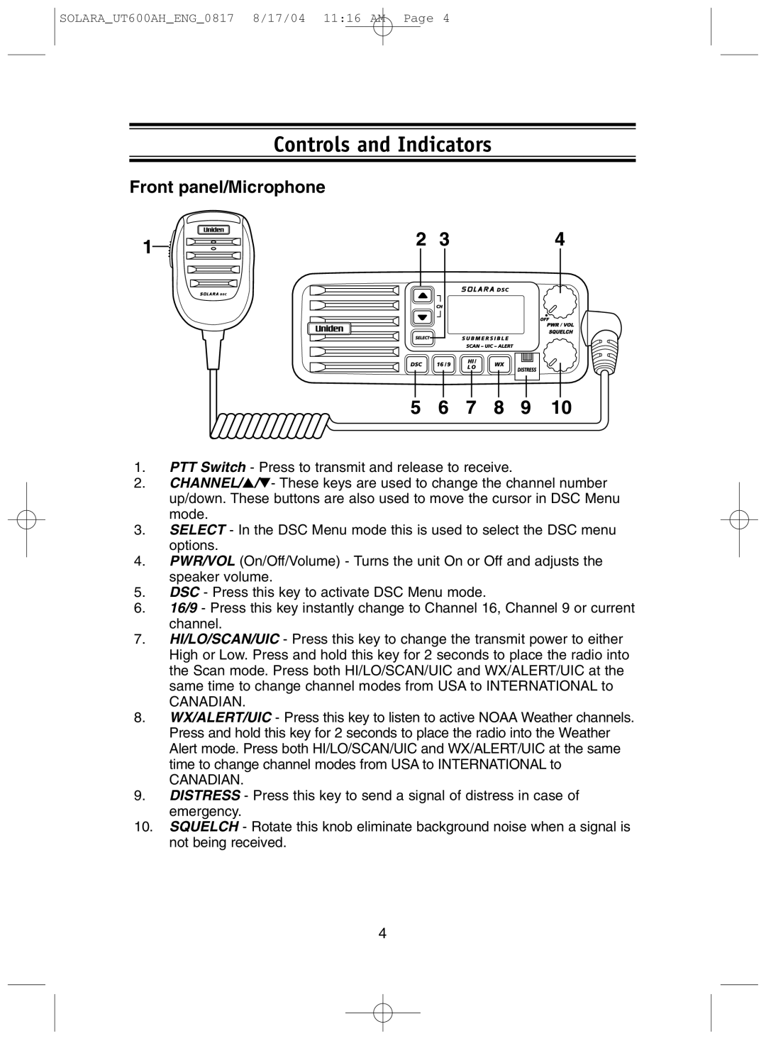 Uniden Solara DSC manual Controls and Indicators, Front panel/Microphone 