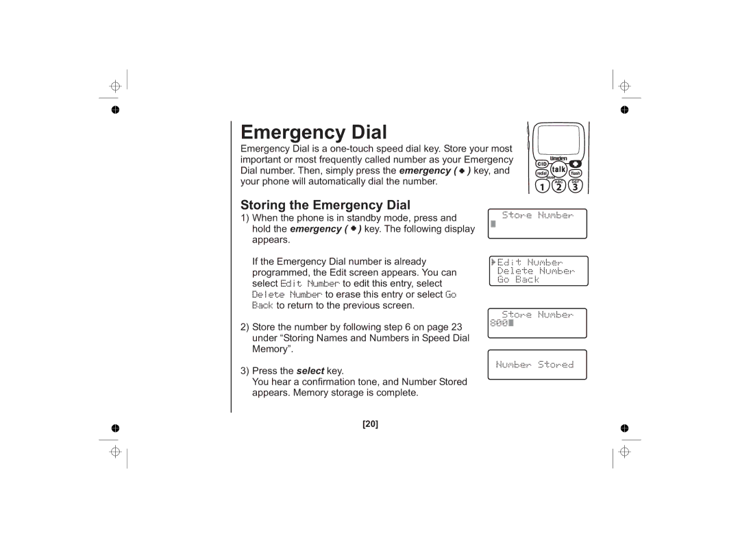 Uniden SS E15 owner manual Storing the Emergency Dial 