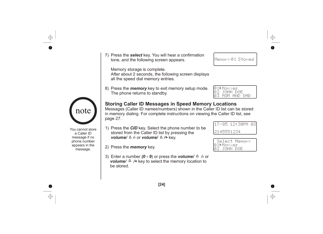 Uniden SS E15 owner manual Storing Caller ID Messages in Speed Memory Locations 