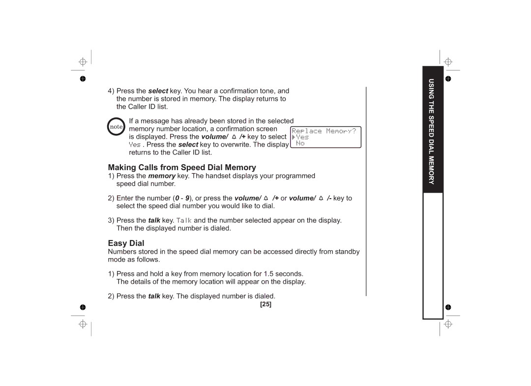 Uniden SS E15 owner manual Making Calls from Speed Dial Memory, Easy Dial 