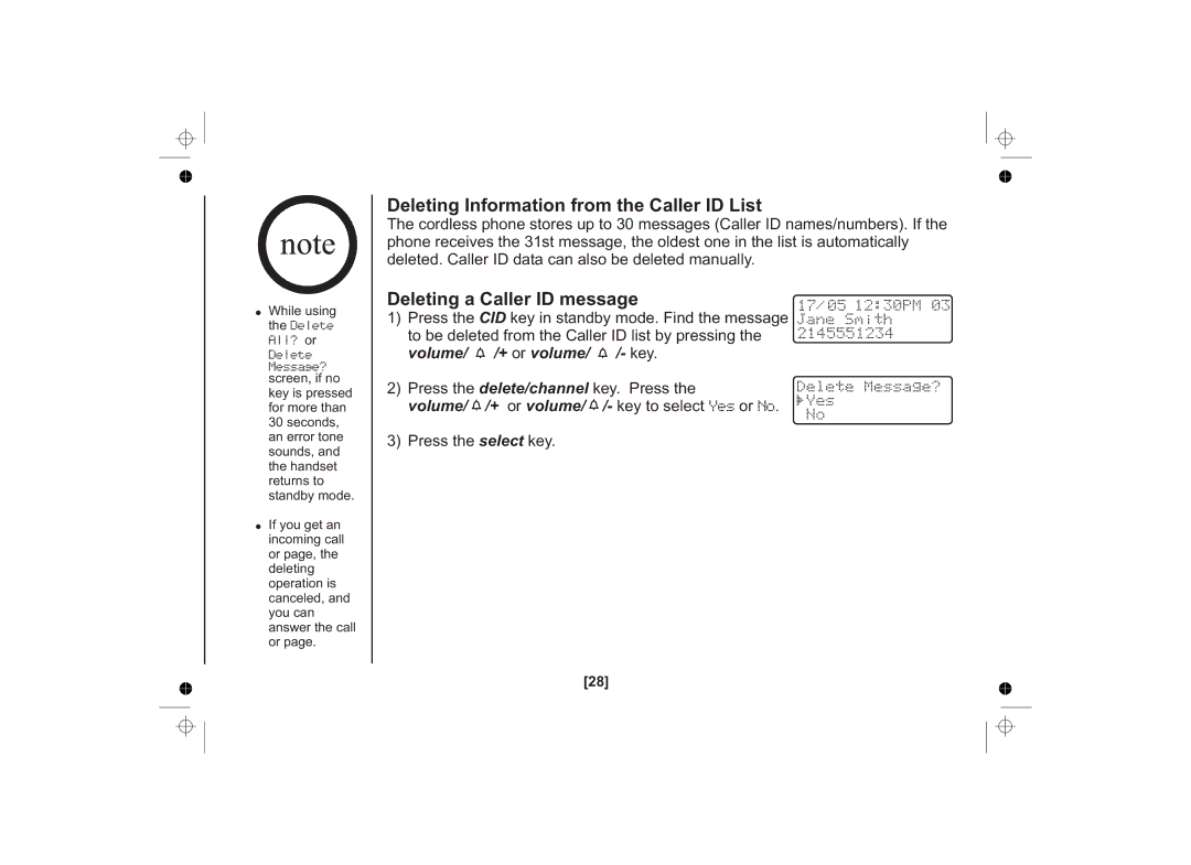 Uniden SS E15 owner manual Deleting Information from the Caller ID List, Deleting a Caller ID message 