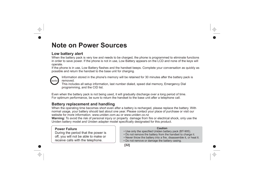 Uniden SS E15 owner manual Low battery alert, Battery replacement and handling, Power Failure 