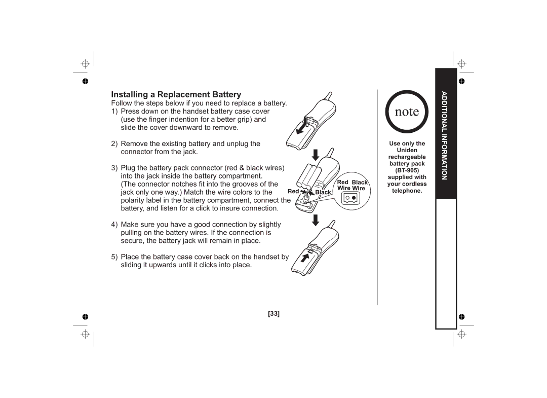 Uniden SS E15 owner manual Installing a Replacement Battery 