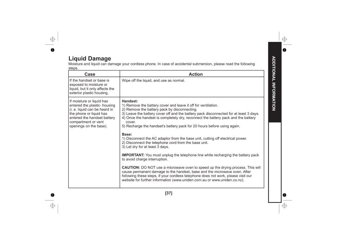 Uniden SS E15 owner manual Liquid Damage, Case Action 