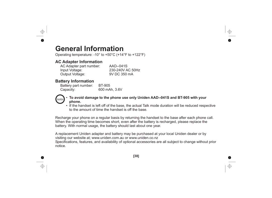 Uniden SS E15 owner manual General Information, AC Adapter Information, Battery Information 