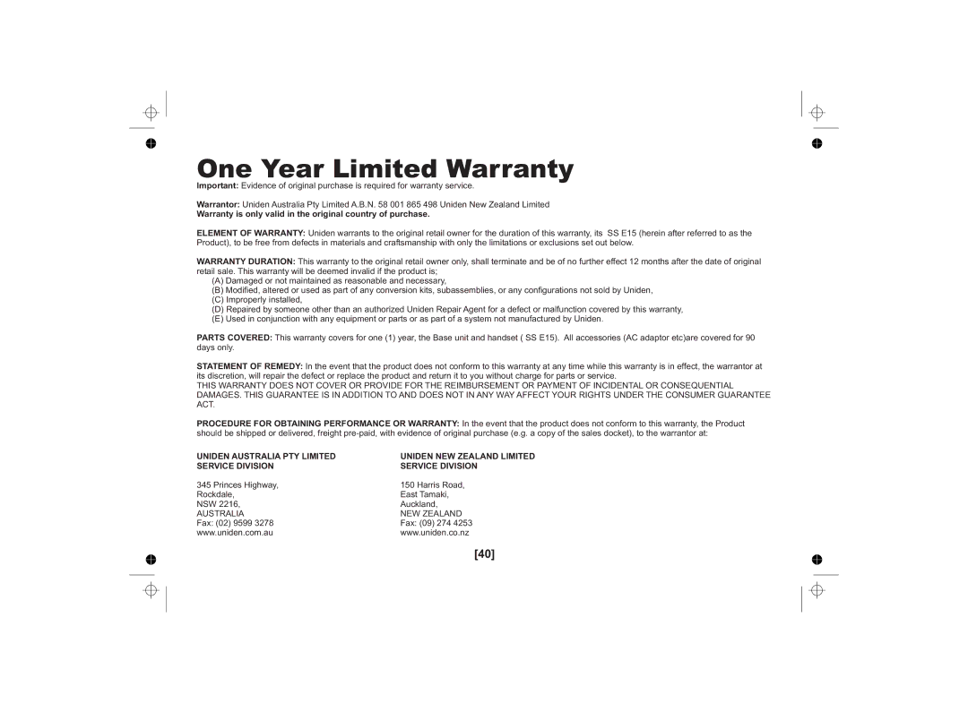 Uniden SS E15 owner manual One Year Limited Warranty, Warranty is only valid in the original country of purchase 