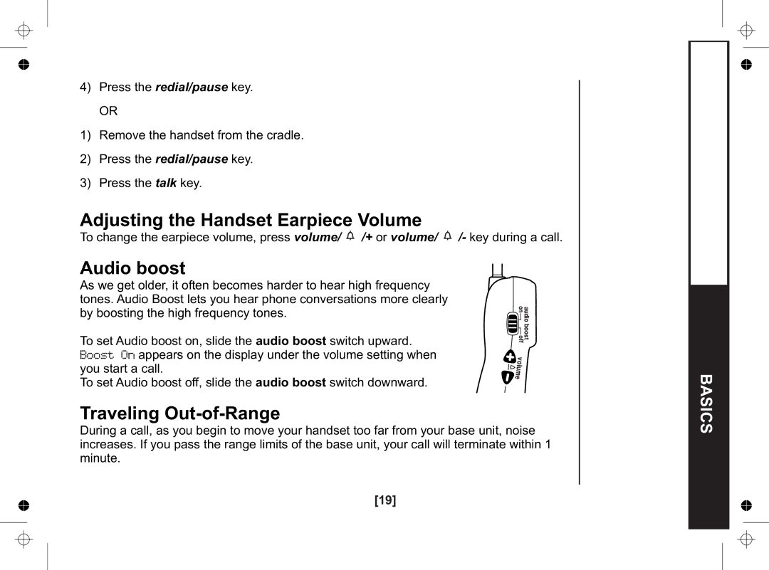 Uniden SS E15+1 owner manual Adjusting the Handset Earpiece Volume, Audio boost, Traveling Out-of-Range 