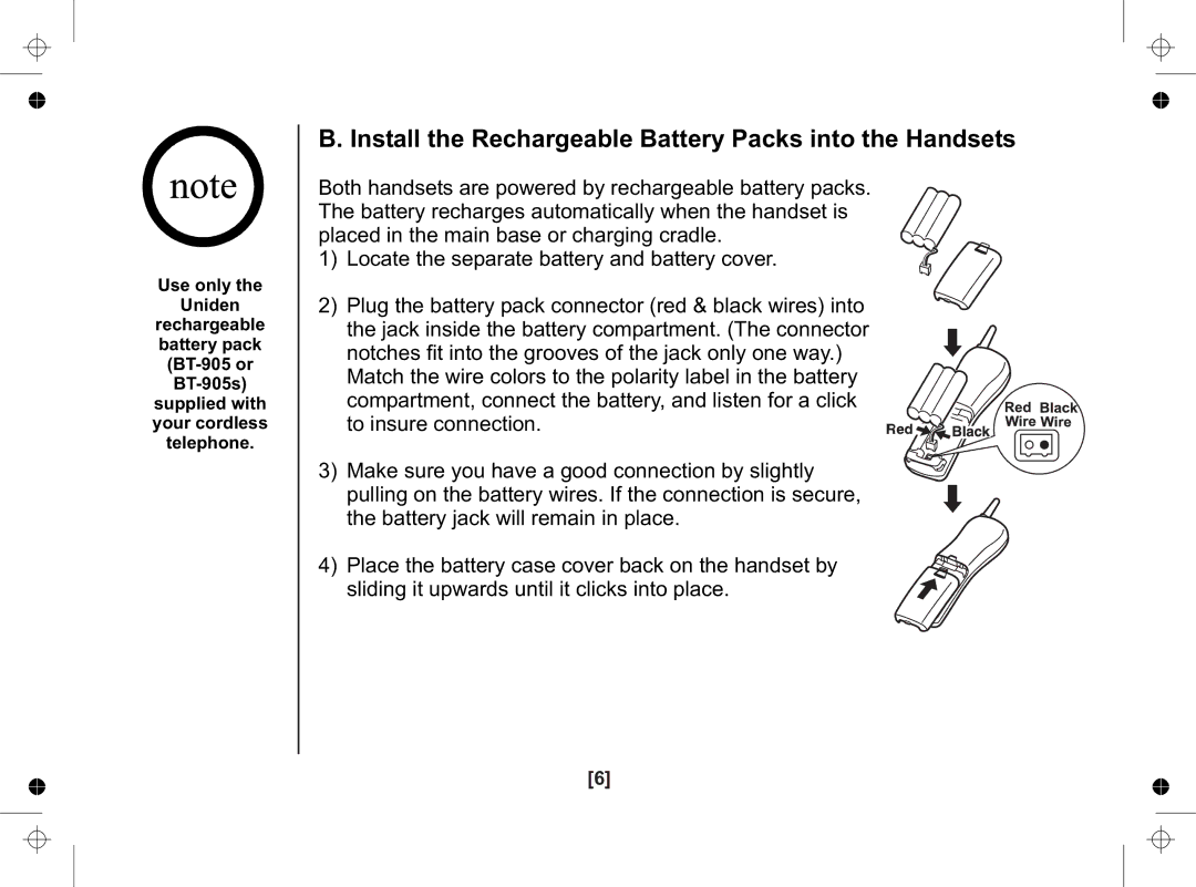 Uniden SS E15+1 owner manual Install the Rechargeable Battery Packs into the Handsets 