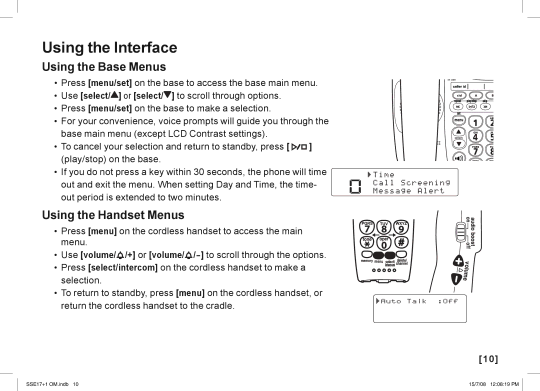 Uniden SSE17+1 manual Using the Interface, Using the Base Menus, Using the Handset Menus 