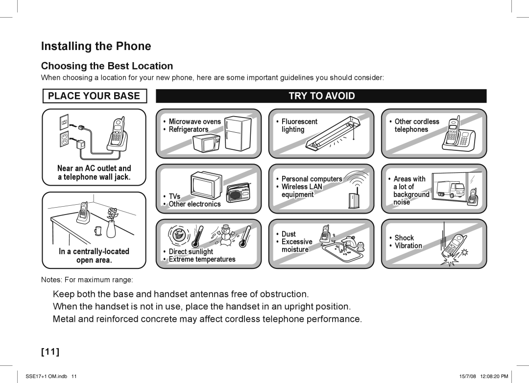 Uniden SSE17+1 manual Installing the Phone, Choosing the Best Location 