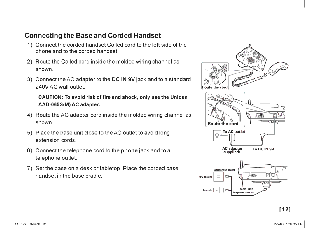 Uniden SSE17+1 manual Connecting the Base and Corded Handset 