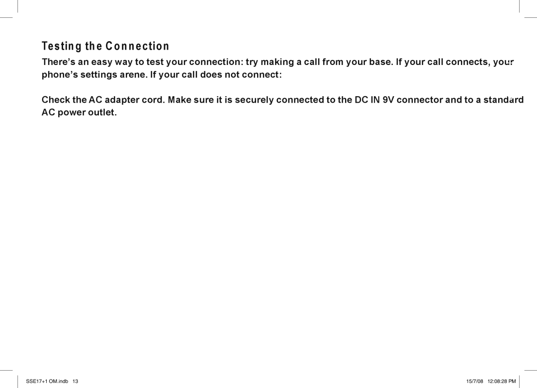 Uniden SSE17+1 manual Testing the Connection 