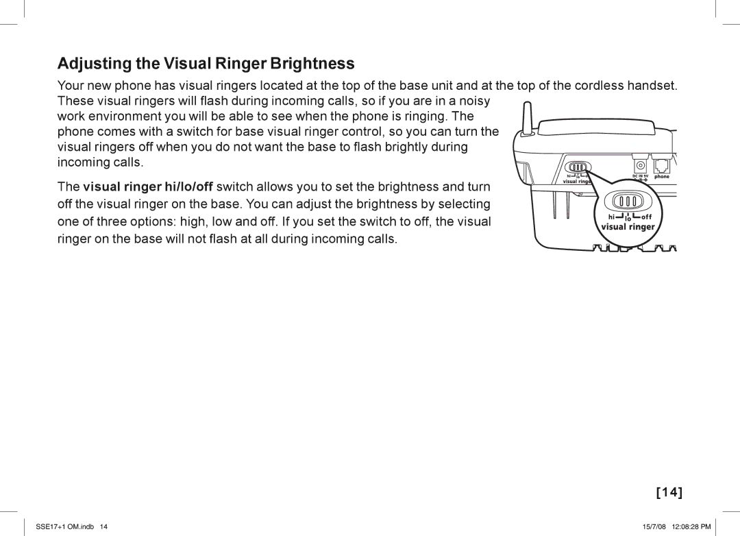 Uniden SSE17+1 manual Adjusting the Visual Ringer Brightness 