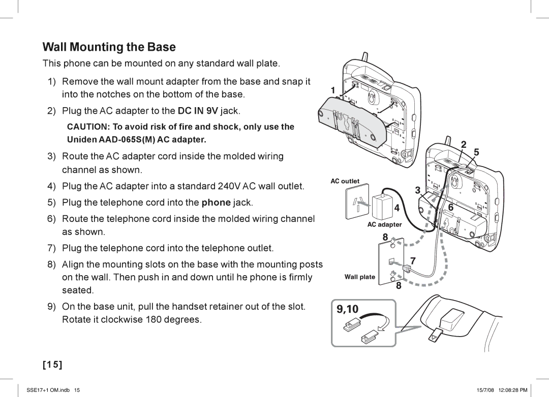 Uniden SSE17+1 manual Wall Mounting the Base 