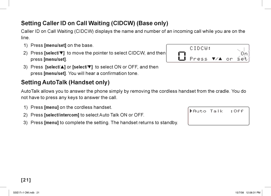 Uniden SSE17+1 manual Setting Caller ID on Call Waiting Cidcw Base only, Setting AutoTalk Handset only 