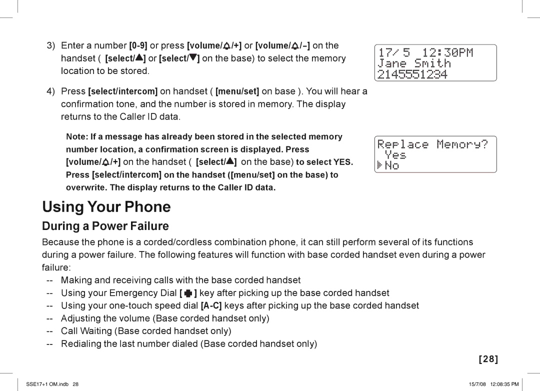 Uniden SSE17+1 manual Using Your Phone, During a Power Failure 