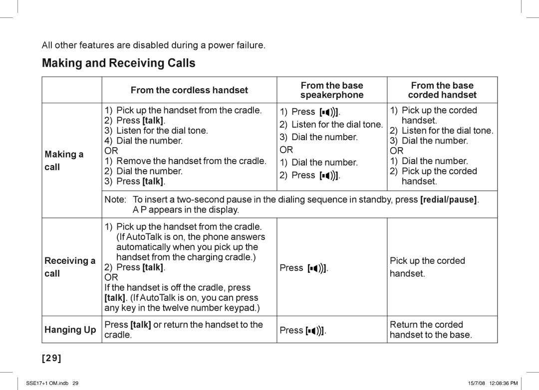 Uniden SSE17+1 manual Making and Receiving Calls, Receiving a, Hanging Up 