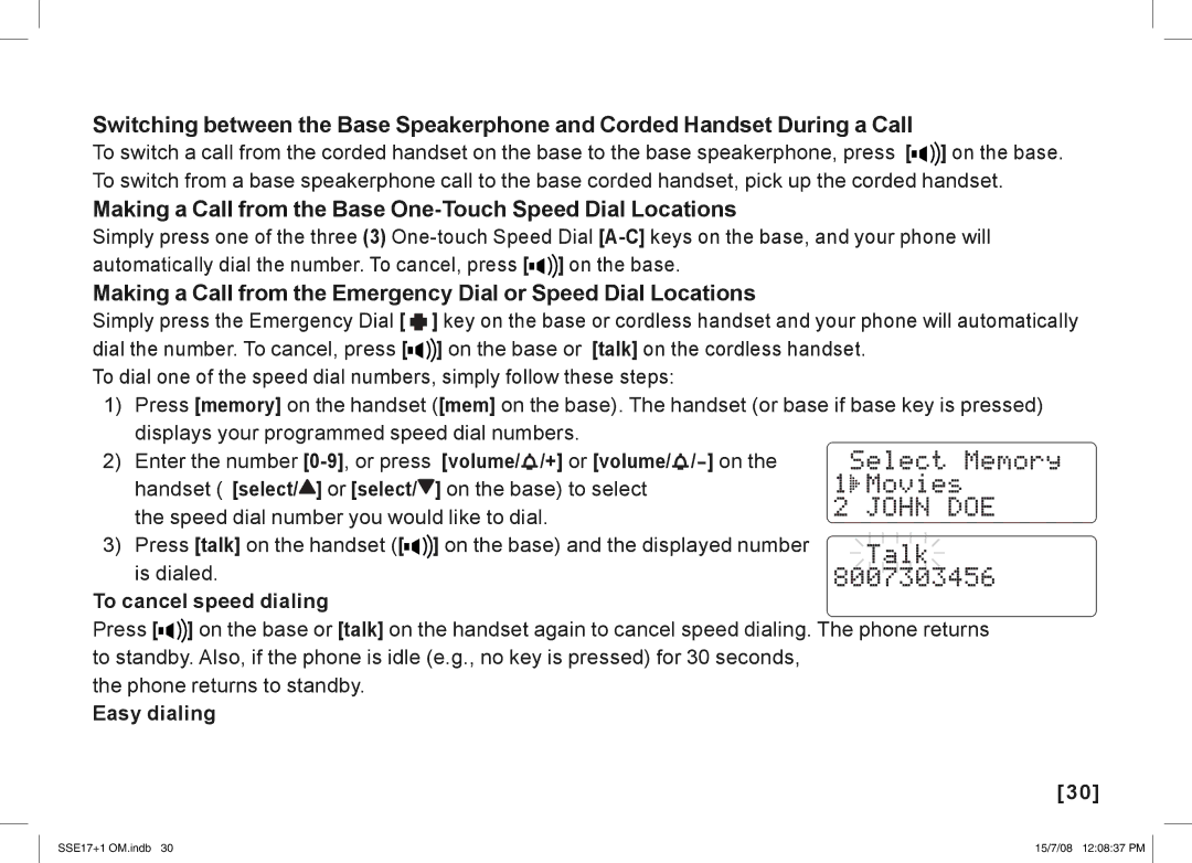 Uniden SSE17+1 manual Making a Call from the Base One-Touch Speed Dial Locations, Handset select/ or select, Easy dialing 