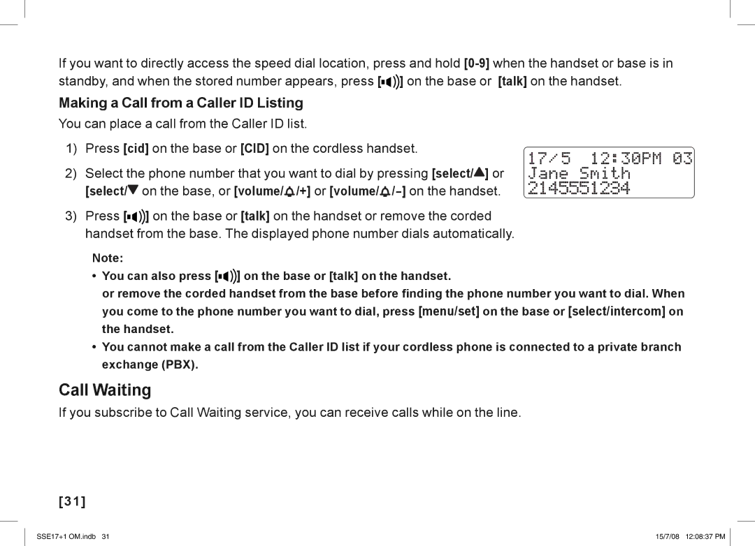 Uniden SSE17+1 manual Call Waiting, Making a Call from a Caller ID Listing 