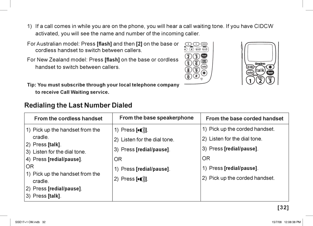 Uniden SSE17+1 manual Redialing the Last Number Dialed, Press redial/pause 