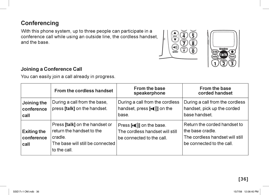 Uniden SSE17+1 manual Conferencing, Joining a Conference Call, Exiting 