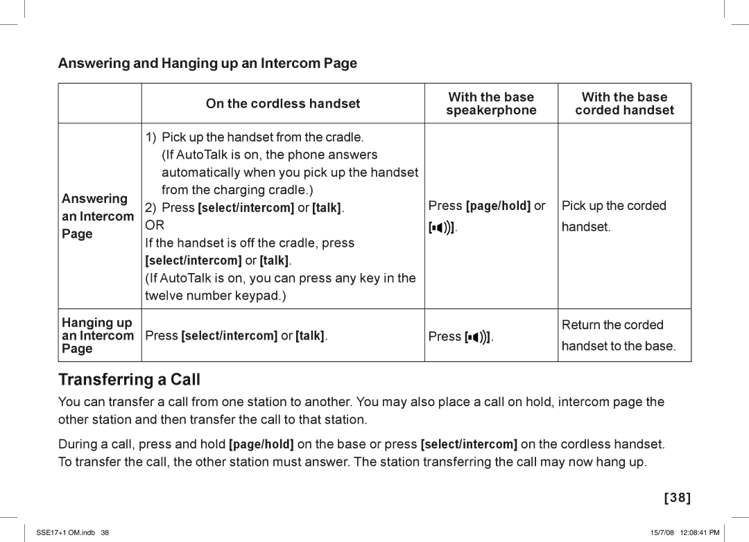Uniden SSE17+1 manual Transferring a Call, Answering and Hanging up an Intercom 